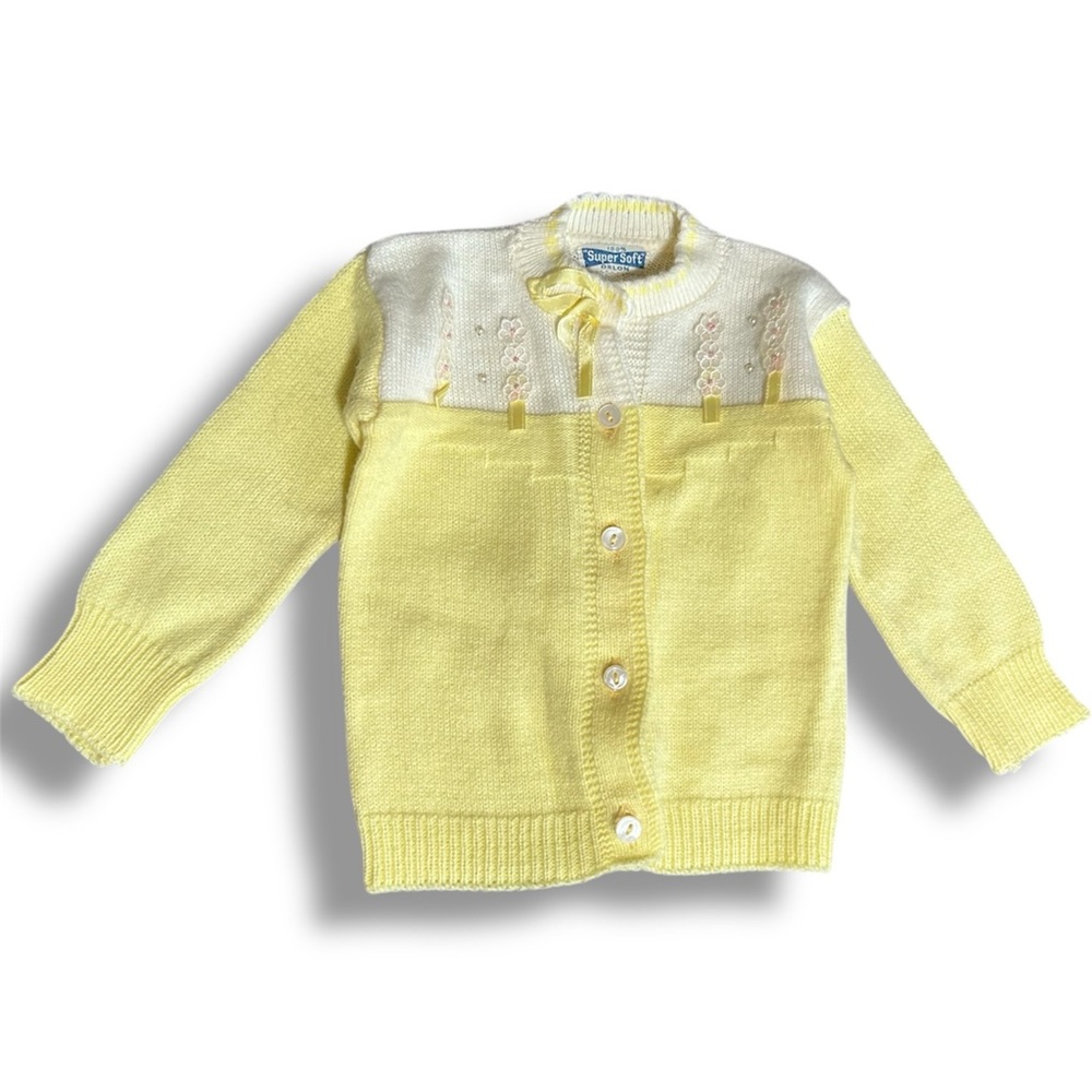 Vintage Baby Sweater Cardigan Yellow Pastel Easter 6 Months Super Soft Orlon 6M